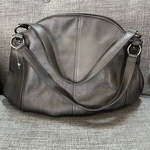 Derek Alexander Multi Pocket Genuine Leather Hobo Dark Silver Grey Shoulder Bag